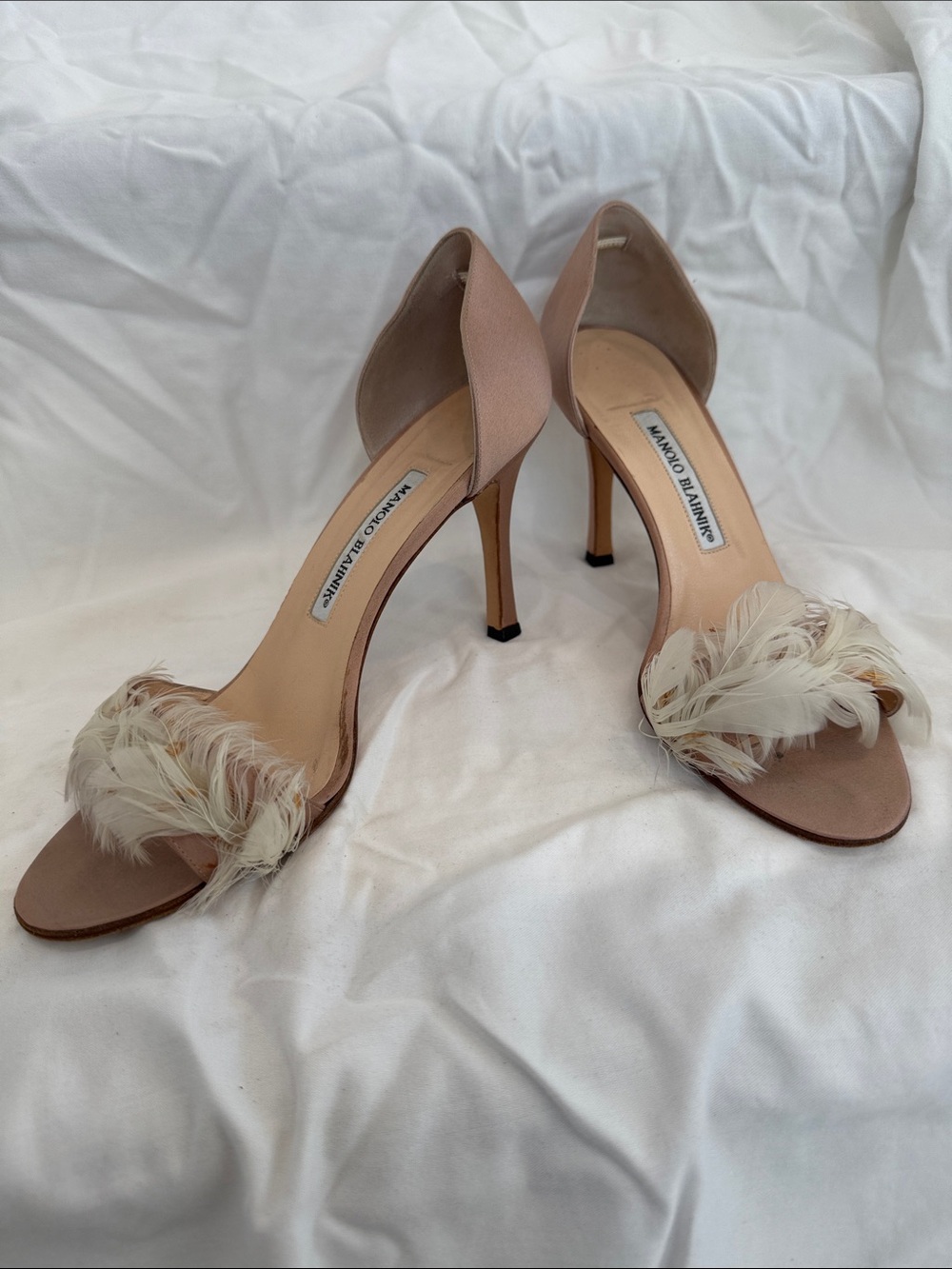 Manolo Blahnik Blush Pink Feathered D'Orsay Stiletto Sandals